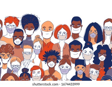 Adult women men children seamless pattern background. Diverse crowd group of people wearing medical masks protection coronavirus epidemic. Hand drawn line drawing doodle vector illustration poster