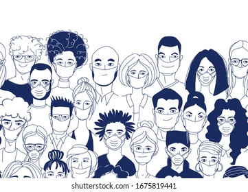 Adult women men children seamless pattern background. Diverse crowd group of people wearing medical masks protection coronavirus epidemic. Hand drawn line drawing doodle vector illustration poster