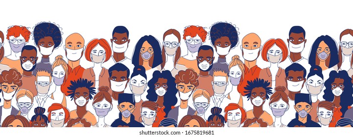 Adult women men children seamless pattern background. Diverse crowd group of people wearing medical masks protection coronavirus epidemic. Hand drawn line drawing doodle vector illustration poster