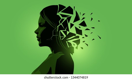 Adult women silhouette with a fractured mind. Mental Health vector illustration.