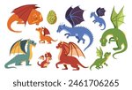Adult and young magic dragons. Magical creature egg, dragon family and mythical beasts cartoon vector illustration set of dragon magic, character happy