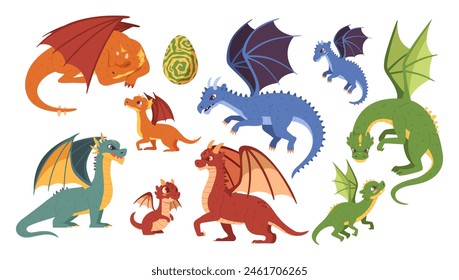 Erwachsene und junge magische Drachen. Magische Kreatur Ei, Drachenfamilie und mythische Tiere Cartoon Vektorillustration Set von Drachen Magie, Charakter glücklich