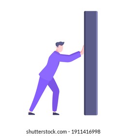 Adult young man pushing the wall. Problem solution or business progress metaphor vector illustration isolated on white background. Pushing start up new business concept.