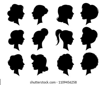 Adult and young womans vintage side faces silhouette. Woman face profile or side female head silhouettes with updo hair. Black women heads profiles flat isolated vector set on white background