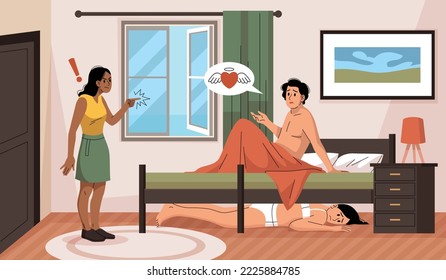 Adultery couple. Husband cheats on wife with mistress, woman hides under lovers bed, cheating partner, family quarrel, distrustful relationship, tidy vector cartoon flat style concept