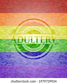 Adultery emblem on mosaic background with the colors of the LGBT flag. 