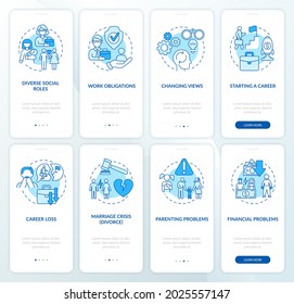 Adulthood development onboarding mobile app page screen set. Changing views walkthrough 4 steps graphic instructions with concepts. UI, UX, GUI vector template with linear color illustrations