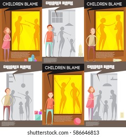 Adults abuse children posters set with unhappy teenage child characters watching quarreling parents silhouettes with title vector illustration