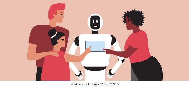 Adults and child learning engineering and robotics. Flat vector stock illustration. Girl with parents communicates with a robot