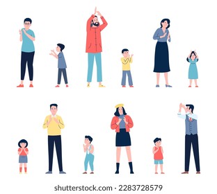 Adults and children applauding, clapping hands. Cute positive support of friends and family. Man and woman clap, child has fun recent vector characters