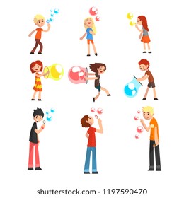 Adults and children blowing soap bubbles set cartoon vector Illustration on a white background