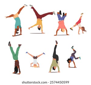 Adults and children cartoon characters breakdancing, making cartwheel standing upside down set. Young people and teenagers celebrating achievement performing handstand stunt vector illustration