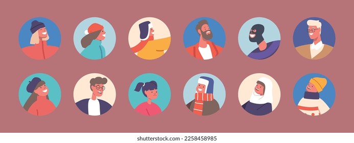 Adults and Children Characters in Light and Warm Clothes. Smiling People of Different Ages in Business Suits and Thief Mask. Round Icons Set Isolated on Pink Background. Cartoon Vector Illustration
