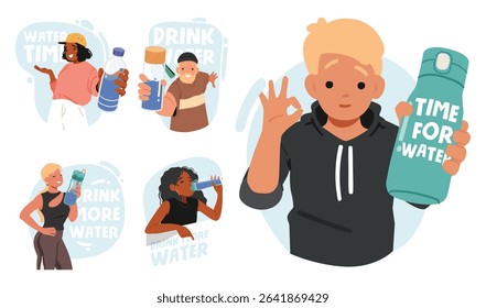 Adults and children characters promoting to drink more water and take break for refreshment cartoon bubble banners set. Happy people caring for health stay hydrated and active vector illustration