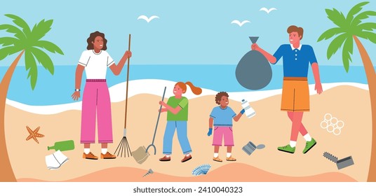 Adultos y niños limpian la playa de la basura. Jóvenes voluntarios salvan la tierra, el problema ambiental, los residuos en la costa, la ilustración vectorial.eps
