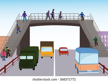 Adults and children crossing the street on the overpass.