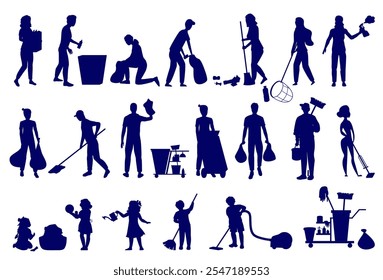 Adults and children engaged in house cleaning silhouette set