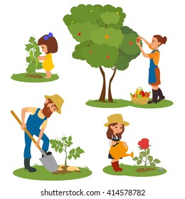 adults and children involved in gardening. family with children to care for plants. People harvest. vector