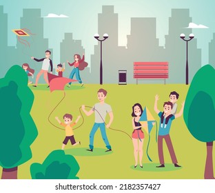 Adults and children in the park flying a kite flat cartoon vector illustration. Families with children spend their free time or weekend outdoors together.