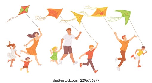 Adults and children playing with air kites and fly it to sky, flat cartoon vector illustration isolated on white background. Happy joyful families launch a kite toy.