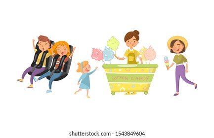 Adults and children relax in the amusement park. Vector illustration.
