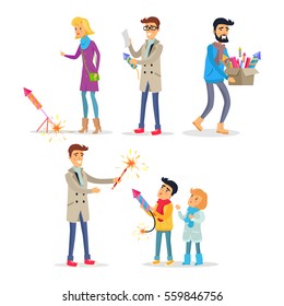 Adults and children setting off colourful fireworks in flat design. Vector illustration in cartoon style of people looking at pyrotechnics, reading instruction, carrying box and teaching children