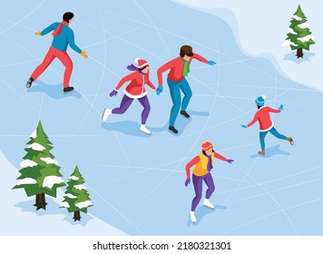 Adults and children skating on outdoor ice rink 3d isometric vector illustration