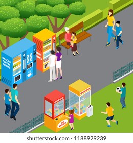 Adults and children using vending machines and toy catchers walking and playing in park 3d isometric vector illustration