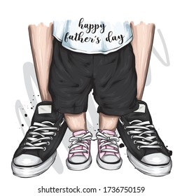 Adultos y pies infantiles en zapatillas de deporte. Niños y padres, día del padre. Ilustración vectorial de una tarjeta o afiche. Moda y estilo, ropa y accesorios.