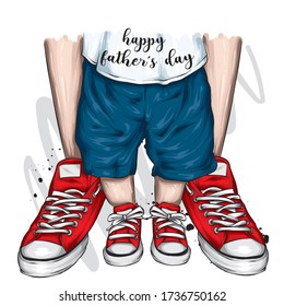 Adults and children's feet in sneakers. Children and parents, father's day. Vector illustration for a card or poster. Fashion and style, clothes and accessories.