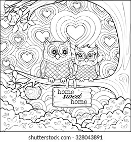 Adults coloring page of two cute little owls