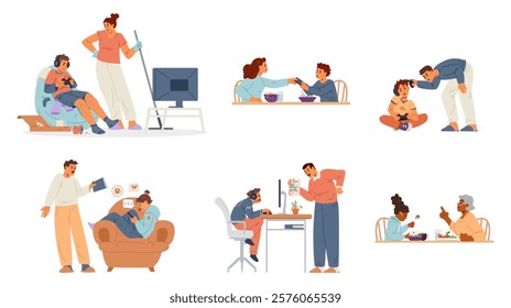 Adults conflicting with teenagers because of gadget addiction flat vector illustration set.