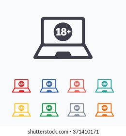 Adults content laptop sign icon. Website for adults only symbol. Warning. Colored flat icons on white background.