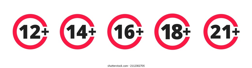 Adults content only age restriction 12, 14, 16, 18, 21 plus years old icon signs set flat style design vector illustration. Sensitive content age plus and adults only concept symbols.