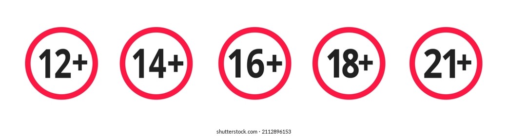 Adults content only age restriction 12, 14, 16, 18, 21 plus years old icon signs set flat style design vector illustration. Sensitive content age plus and adults only concept symbols.