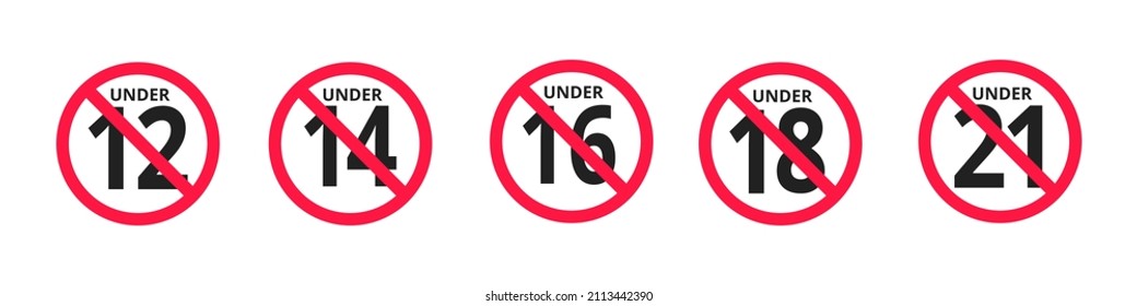 Adults content only age restriction 12, 14, 16, 18, 21 plus years old icon signs set flat style design vector illustration. Sensitive content age plus and adults only concept symbols.