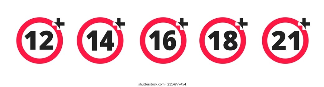 Adults content only age restriction 12, 14, 16, 18, 21 plus years old icon signs set flat style design vector illustration. Sensitive content age plus and adults only concept symbols.