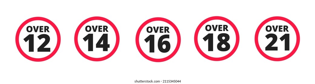 Adults content only age restriction 12, 14, 16, 18, 21 plus years old icon signs set flat style design vector illustration. Sensitive content age plus and adults only concept symbols.