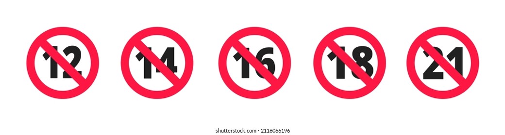 Adults content only age restriction 12, 14, 16, 18, 21 plus years old icon signs set flat style design vector illustration. Sensitive content age plus and adults only concept symbols.