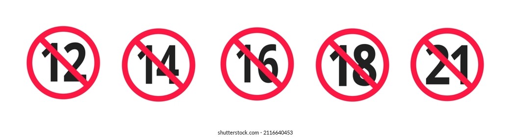 Adults content only age restriction 12, 14, 16, 18, 21 plus years old icon signs set flat style design vector illustration. Sensitive content age plus and adults only concept symbols.