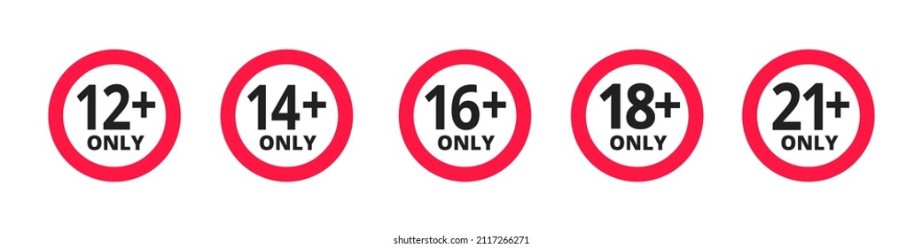 Adults content only age restriction 12, 14, 16, 18, 21 plus years old icon signs set flat style design vector illustration. Sensitive content age plus and adults only concept symbols.