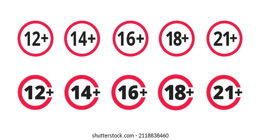 Adults content only age restriction 12, 14, 16, 18, 21 plus years old icon signs set flat style design vector illustration. Sensitive content age plus and adults only concept symbols.