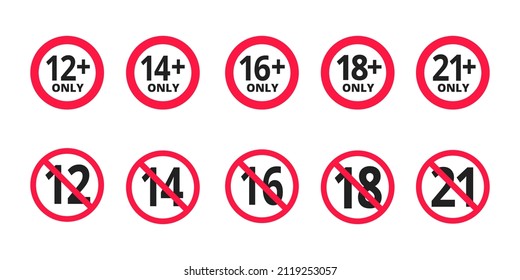 Adults content only age restriction 12, 14, 16, 18, 21 plus years old icon signs set flat style design vector illustration. Sensitive content age plus and adults only concept symbols.