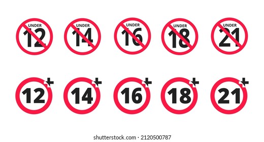 Adults content only age restriction 12, 14, 16, 18, 21 plus years old icon signs set flat style design vector illustration. Sensitive content age plus and adults only concept symbols.