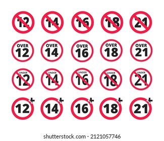 Adults content only age restriction 12, 14, 16, 18, 21 plus years old icon signs set flat style design vector illustration. Sensitive content age plus and adults only concept symbols.