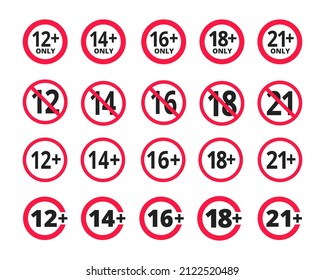 Adults content only age restriction 12, 14, 16, 18, 21 plus years old icon signs set flat style design vector illustration. Sensitive content age plus and adults only concept symbols.