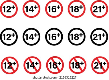 Adults content only age restriction 12, 14, 16, 18, 21 plus years old icon. Set of age restriction signs. Age limit concept. flat style.