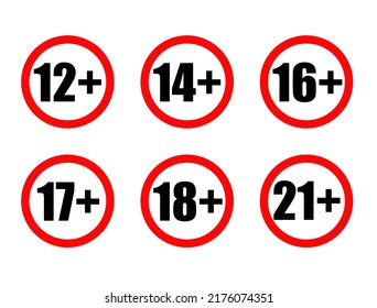 Adults content only age restriction 12, 14, 16, 17, 18, 21 plus years old icon signs set vector illustration