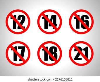 Adults content only age restriction 12, 14, 16, 17, 18, 21under years old icon signs set vector illustration svg