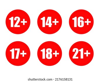 Adults content only age restriction 12, 14, 16, 17, 18, 21 plus years old icon signs set vector illustration